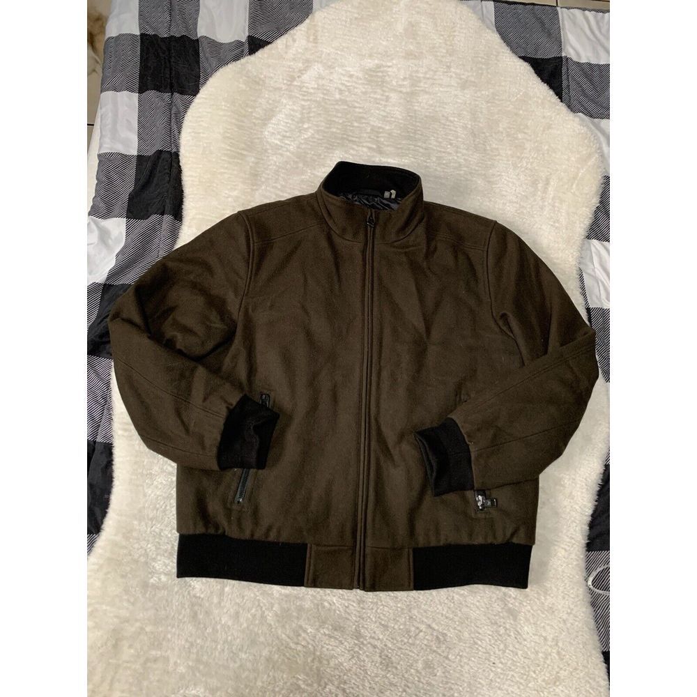 Calvin Klein Mens Full Zip Green Bomber Large Jacket Lined Wool Blend‎
